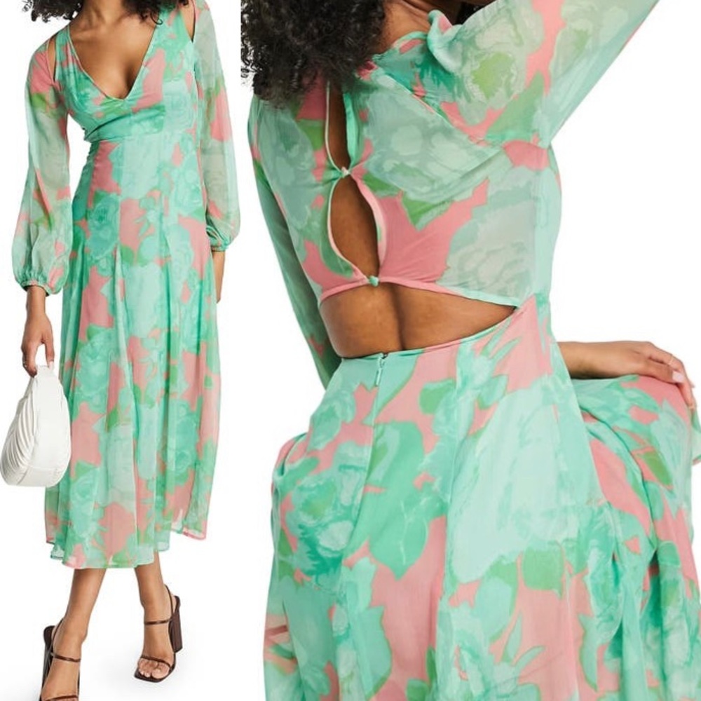 ASOS Long Sleeve Cutout Chiffon Midi Dress